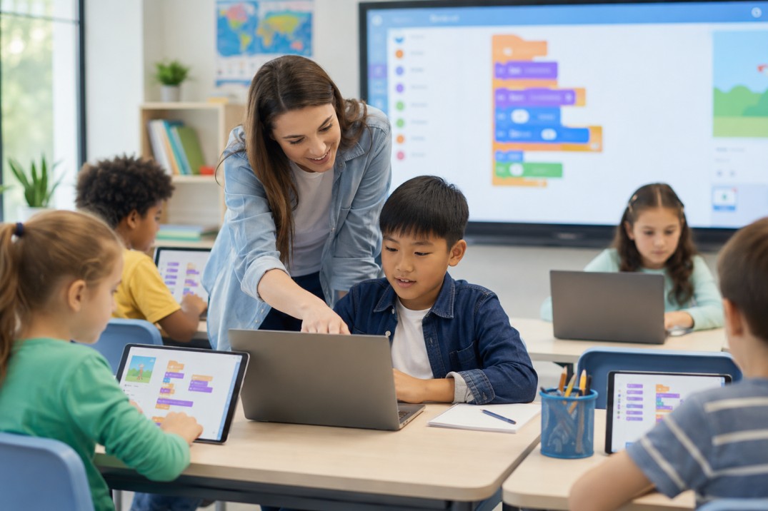 Students learning coding on laptops in a classroom