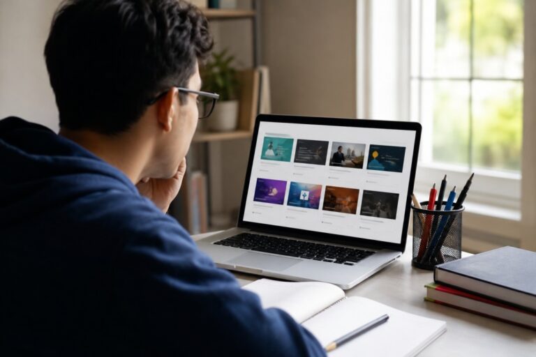 Student comparing online learning platforms on a laptop